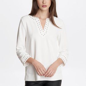 Karl Lagerfeld Beaded Tunic Blouse White Silver Stud Neck 3/4 Sleeve Sz S NWT